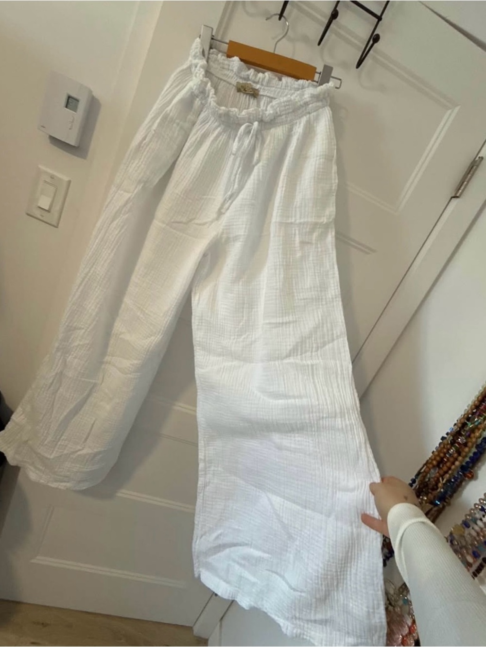 White Gauze Wide-Leg Drawstring Pants Cotton